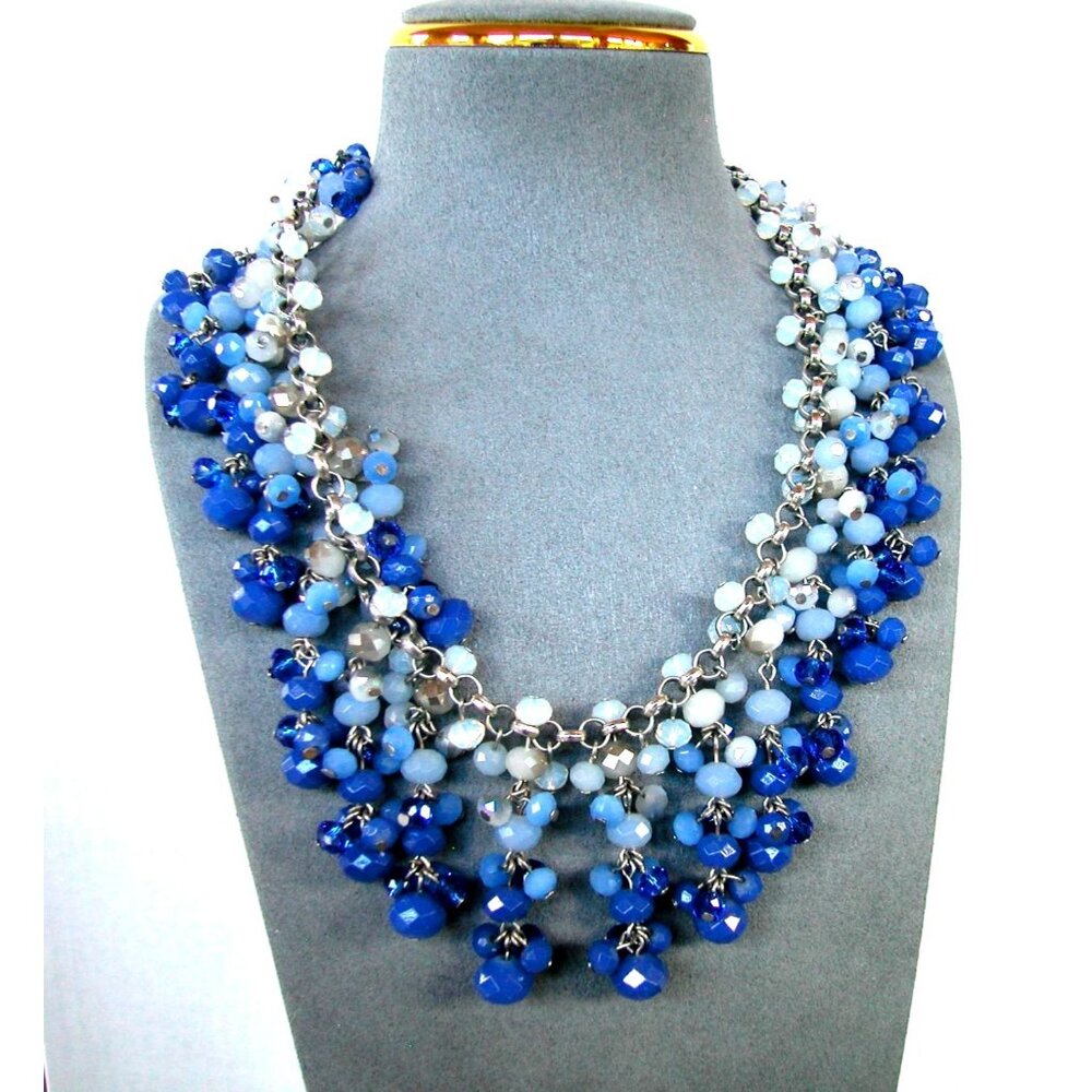 White/Black Silver Tone Blue Beaded Multi-Row Necklace 20" w/extender